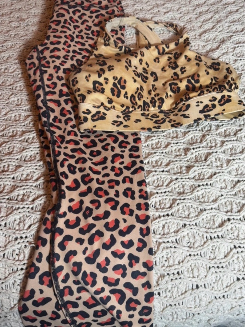 Fabletics Leopard Print Tank Top & Leggings Set - Tan & Red